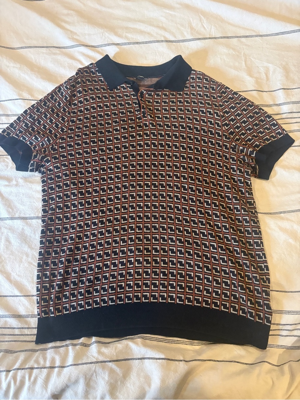 Express Men's Geometric Knit Polo - Black with Brown/White Pattern